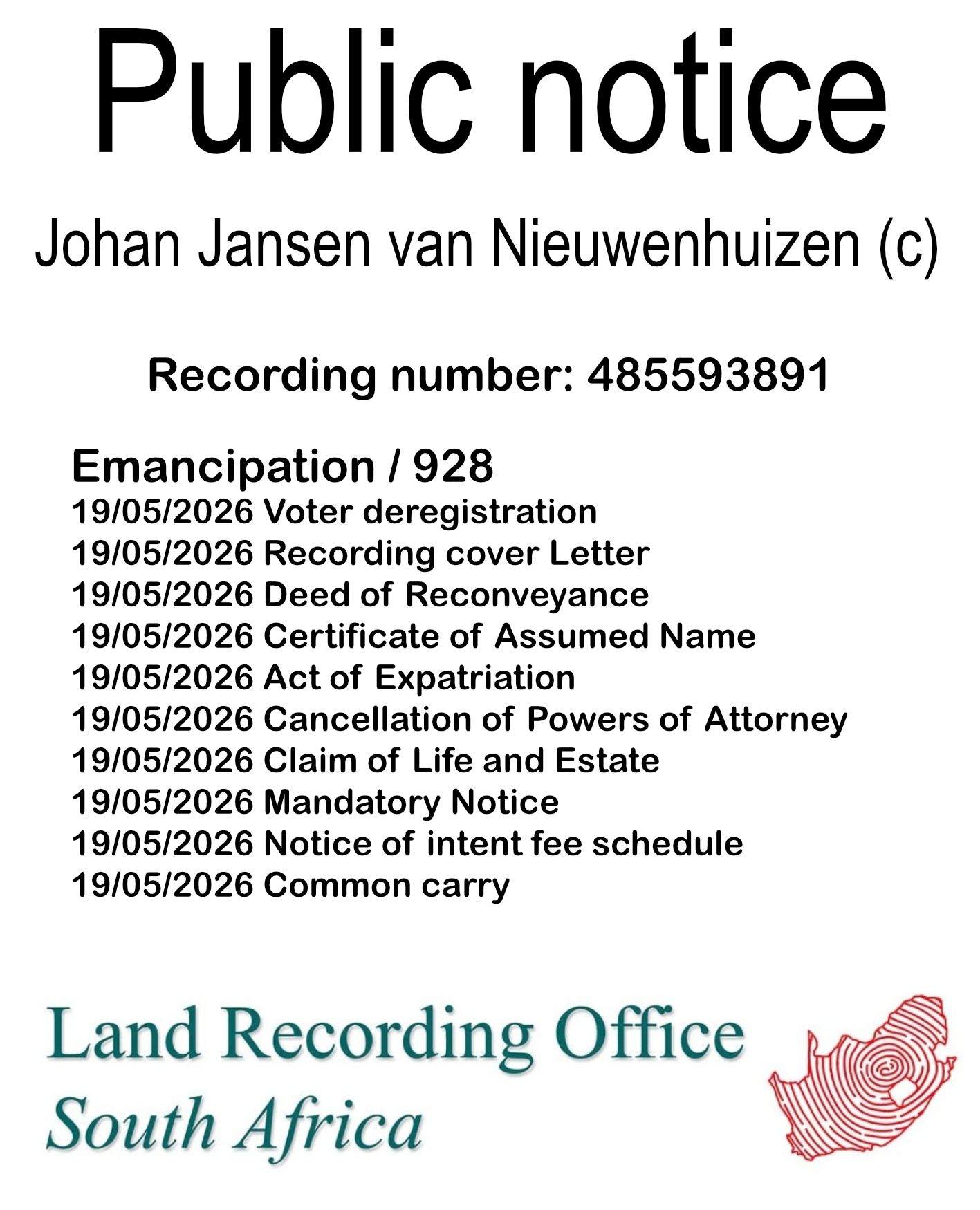 Public notice Johan Jansen van Nieuwenhuizen (c) Recording number 485593891